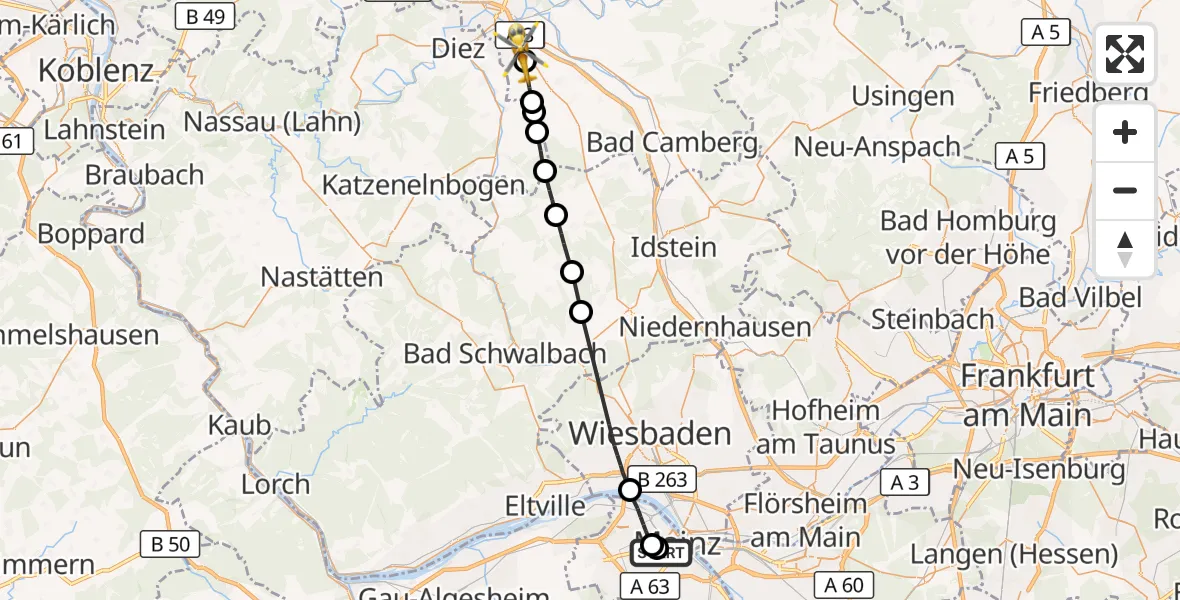 Flugroute Rettungshubschrauber Mainz University Hospital - Limburg a.d.Lahn, 07 Juli 2026, 17:01