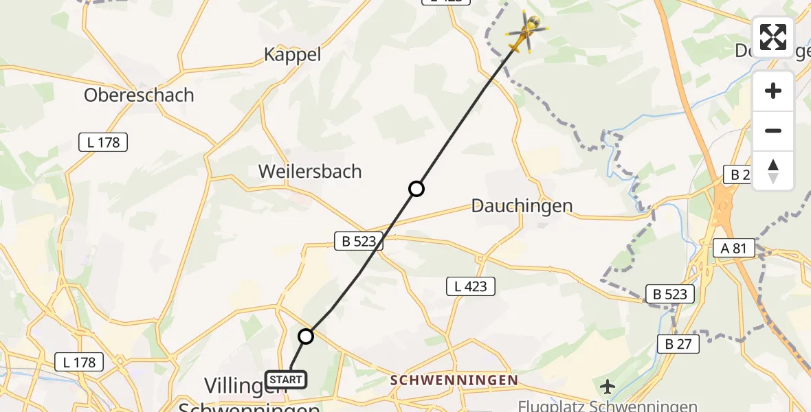 Flugroute Ambulanzhubschrauber DRF Air Rescue Station Villingen-Schwenningen Hubschrauberlandeplatz (Christoph 11) - Deißlingen, 07 Juli 2026, 17:03