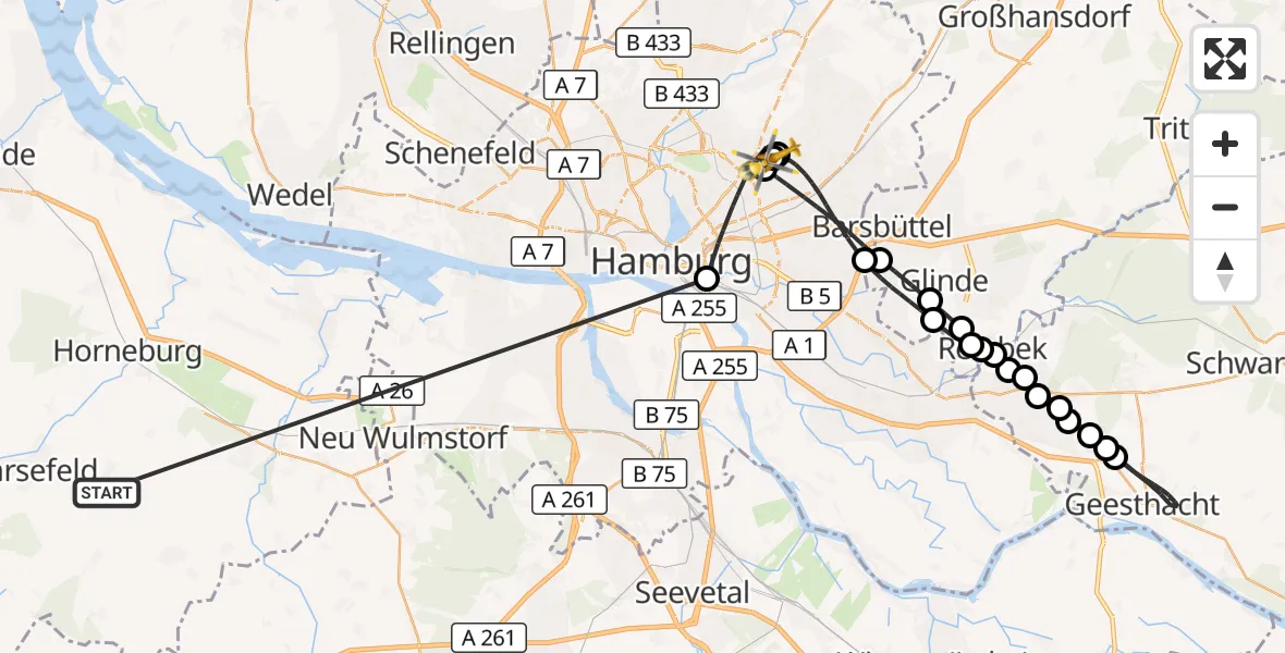 Flugroute Rettungshubschrauber Harsefeld - Hamburg Military Hospital, 07 Juli 2026, 17:09