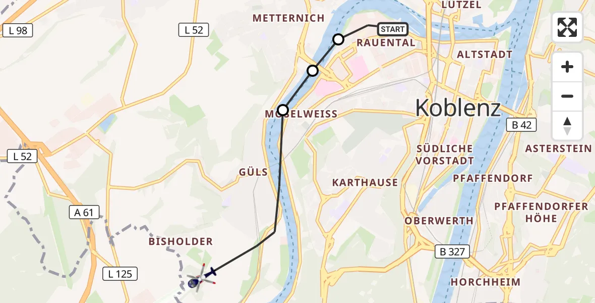 Flugroute Polizeihubschrauber Koblenz - Koblenz, 07 Juli 2026, 17:14