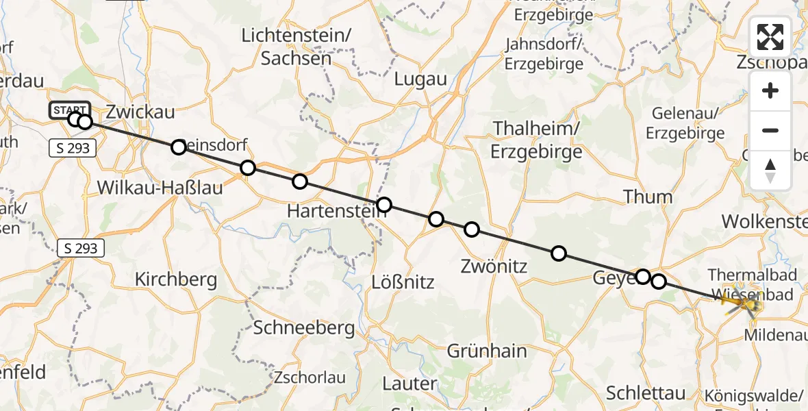 Flugroute Rettungshubschrauber ADAC Air Rescue Station Zwickau Hubschrauberlandeplatz - Thermalbad Wiesenbad, 07 Juli 2026, 17:14