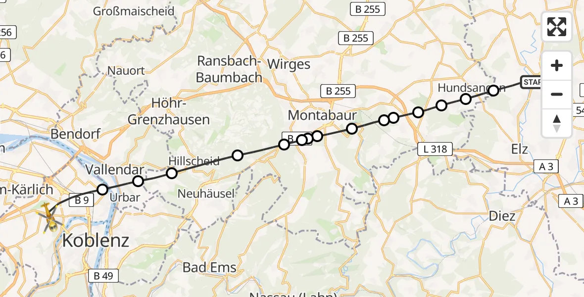 Flugroute Rettungshubschrauber Hadamar - Koblenz, 07 Juli 2026, 17:16