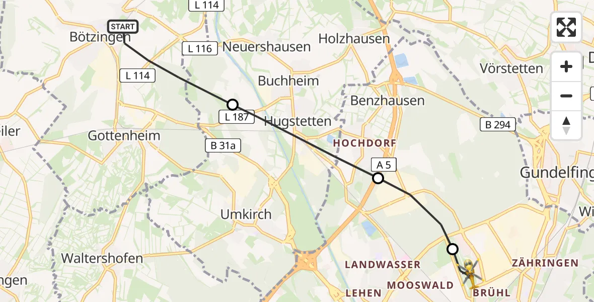 Flugroute Rettungshubschrauber Bötzingen - Freiburg im Breisgau Flugplatz, 07 Juli 2026, 17:21