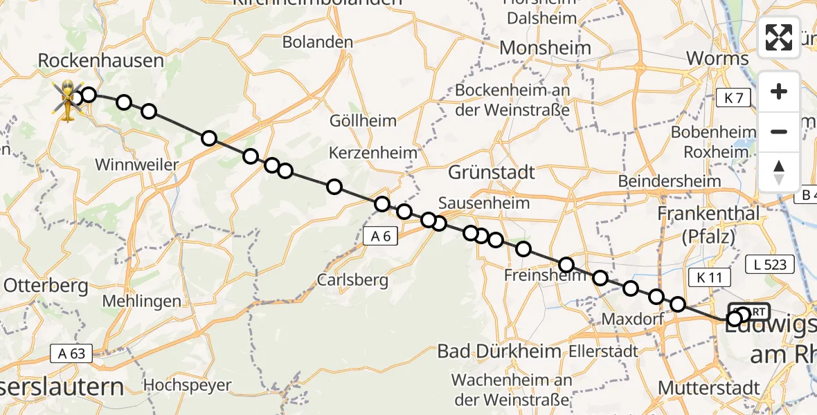 Flugroute Rettungshubschrauber Ludwigshafen Accident Hospital - Imsweiler UL, 07 Juli 2026, 17:24