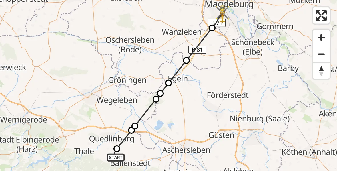 Flugroute Rettungshubschrauber Ballenstedt - Magdeburg, 07 Juli 2026, 17:34