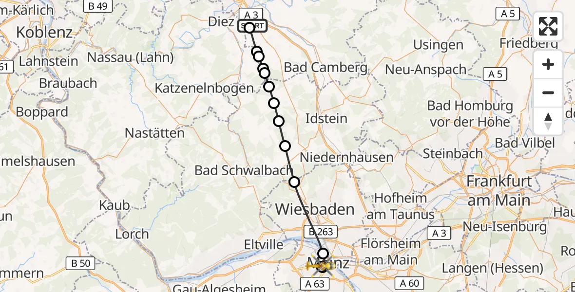 Flugroute Rettungshubschrauber Limburg a.d.Lahn - Mainz University Hospital, 07 Juli 2026, 17:39