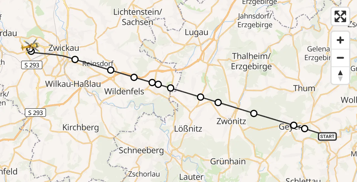 Flugroute Rettungshubschrauber Thermalbad Wiesenbad - ADAC Air Rescue Station Zwickau Hubschrauberlandeplatz, 07 Juli 2026, 17:47