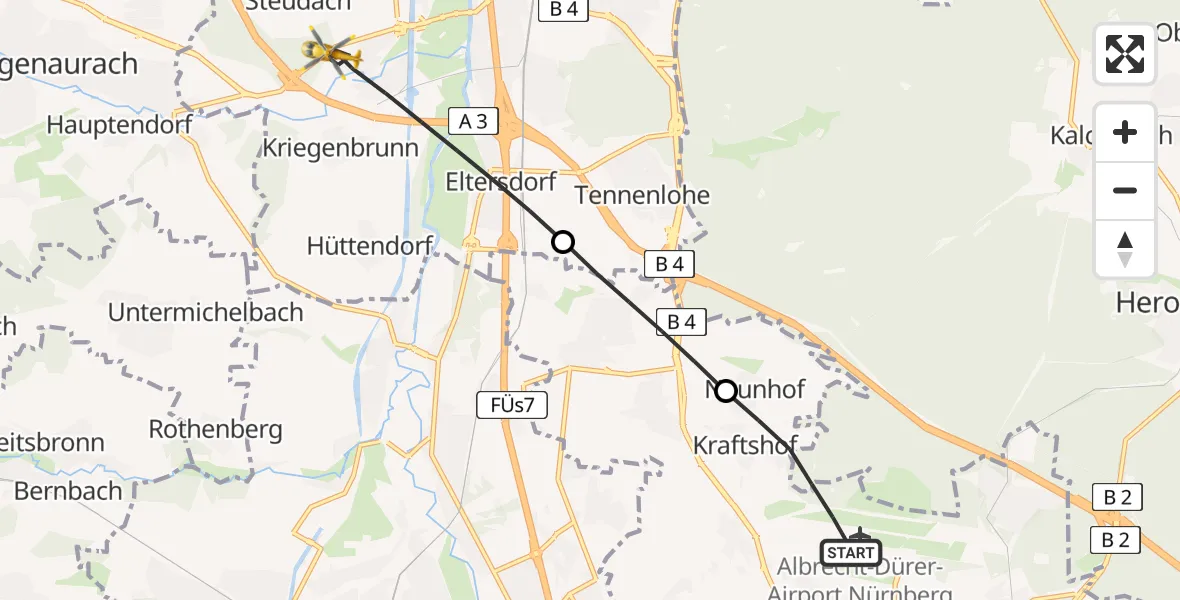 Flugroute Ambulanzhubschrauber Flughafen Nuremberg - Erlangen, 07 Juli 2026, 17:50