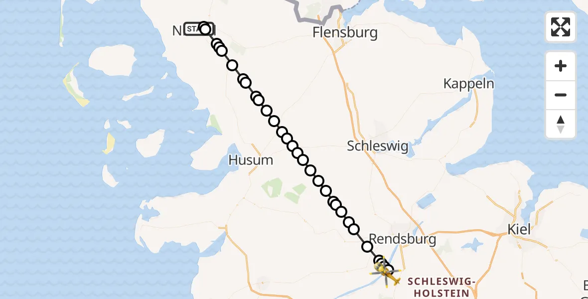 Flugroute Ambulanzhubschrauber Niebüll - Rendsburg-Schachtholm Flugplatz, 07 Juli 2026, 18:02