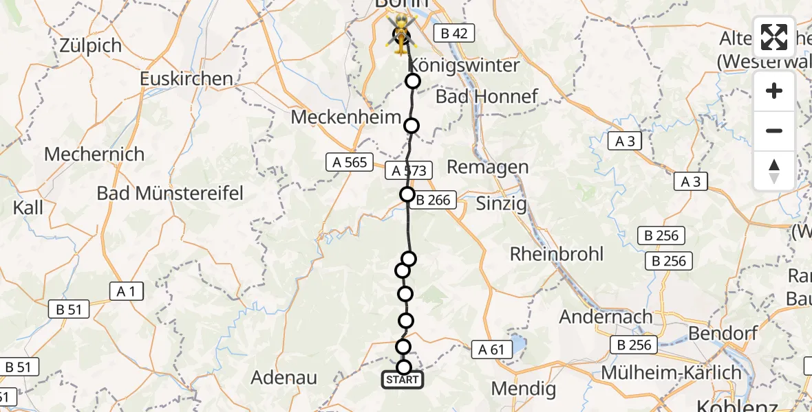 Flugroute Rettungshubschrauber Langscheid - Bonn University Hospital, 07 Juli 2026, 18:03