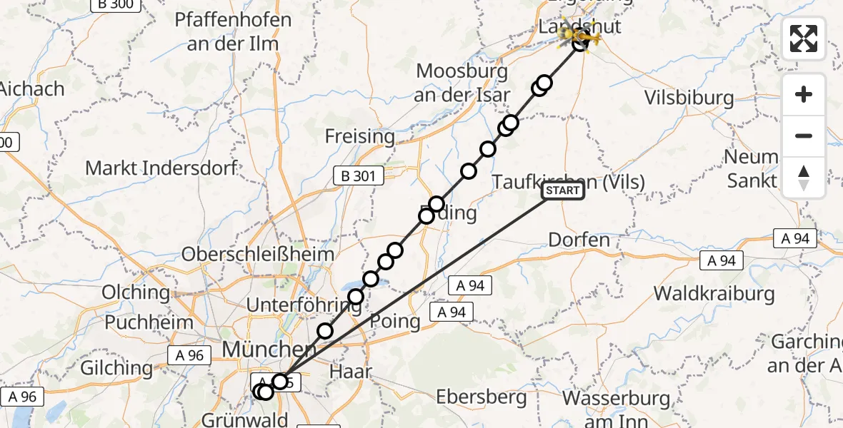 Flugroute Rettungshubschrauber Taufkirchen (Vils) - Lakumed Hospital Landshut-Achdorf, 07 Juli 2026, 18:04