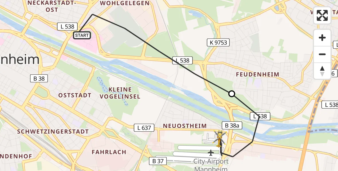 Flugroute Rettungshubschrauber Mannheim - Mannheim-City Flughafen, 07 Juli 2026, 18:06