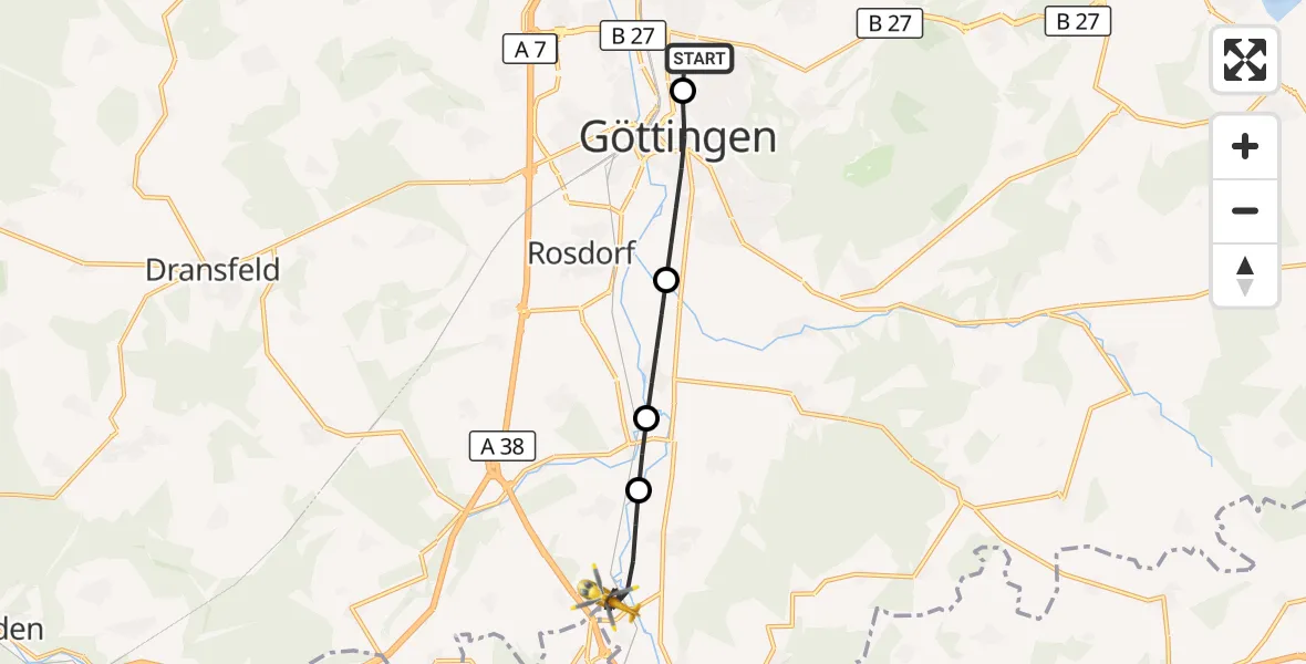 Flugroute Rettungshubschrauber Göttingen University Clinic Hubschrauberlandeplatz - Friedland, 07 Juli 2026, 18:16
