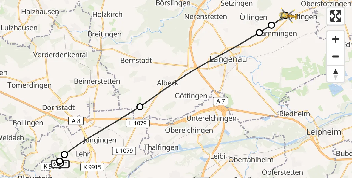 Flugroute Rettungshubschrauber Ulm Military Hospital Emergency - Asselfingen, 07 Juli 2026, 18:17