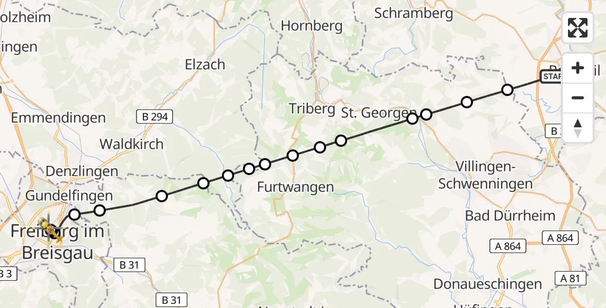 Flugroute Ambulanzhubschrauber Zimmern ob Rottweil - Freiburg University Hospital Heliport 1, 07 Juli 2026, 18:20