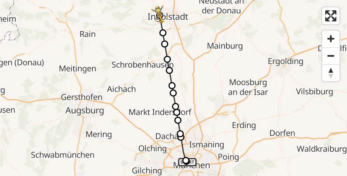 Flugroute Rettungshubschrauber Deutsches Herzzentrum München - Ingolstadt Hospital, 07 Juli 2026, 18:21