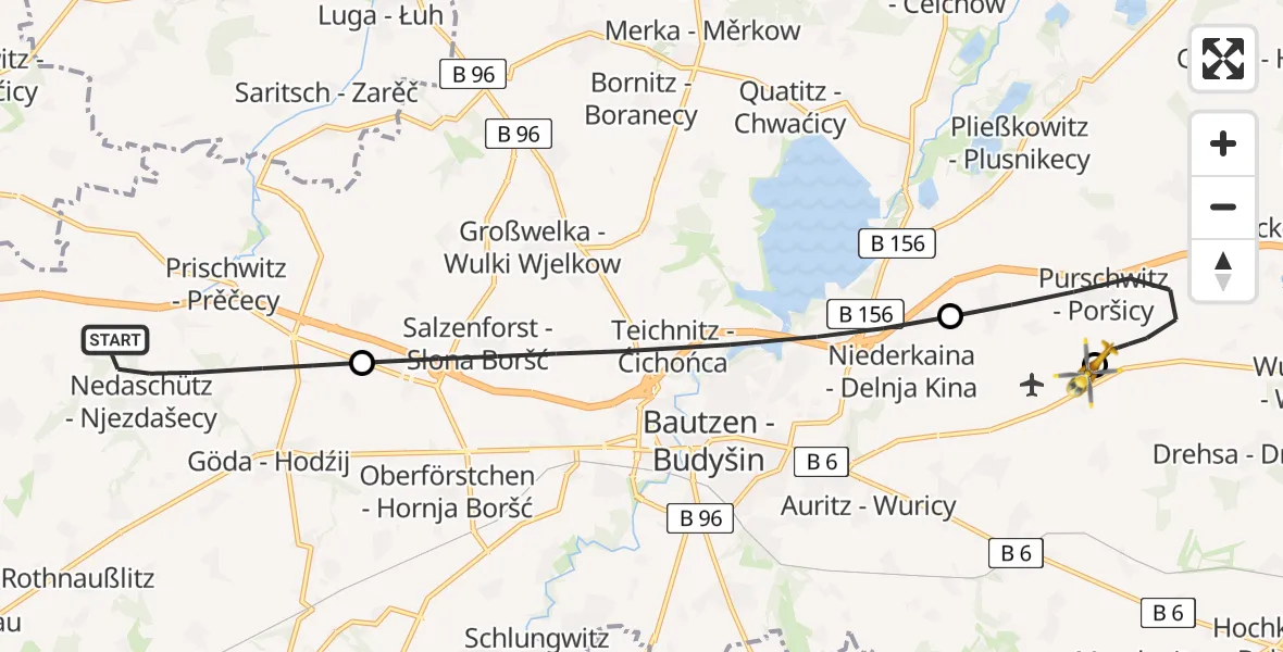 Flugroute Rettungshubschrauber Göda - Bautzen Flugplatz, 07 Juli 2026, 18:22