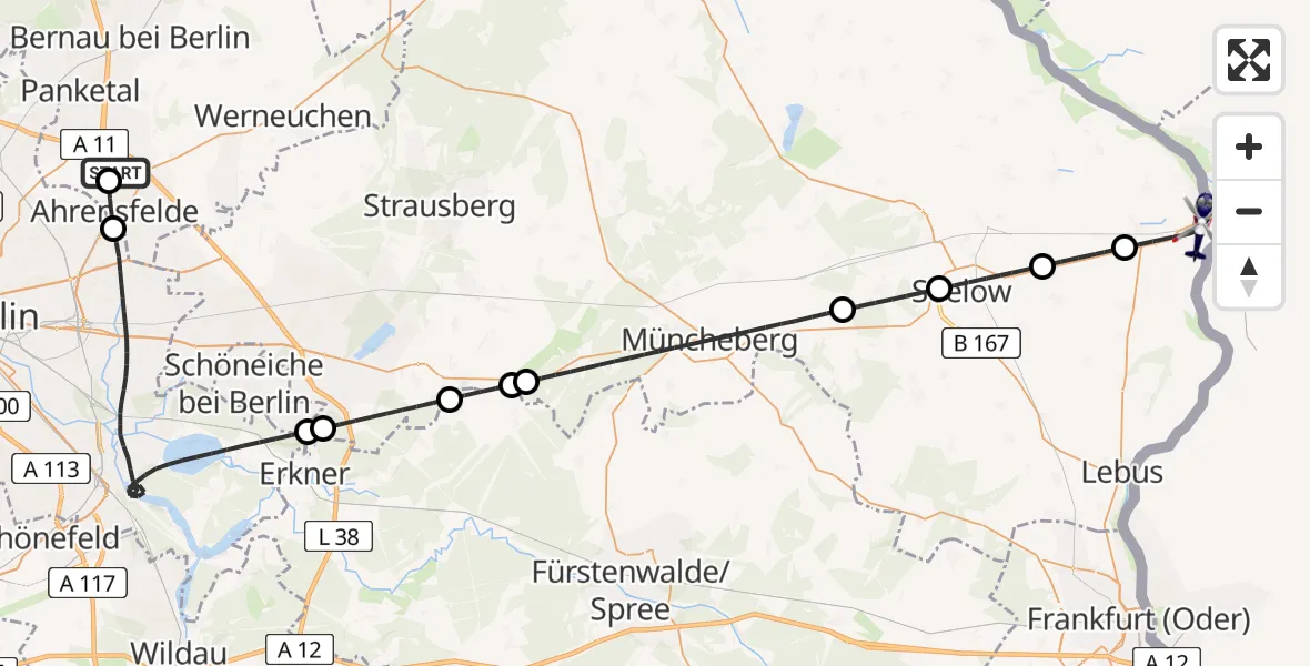 Flugroute Polizeihubschrauber Ahrensfelde Hubschrauberlandeplatz - Küstriner Vorland, 07 Juli 2026, 18:25