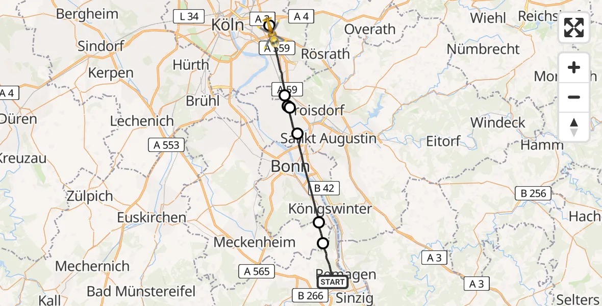 Flugroute Ambulanzhubschrauber Remagen - Köln, 07 Juli 2026, 18:30