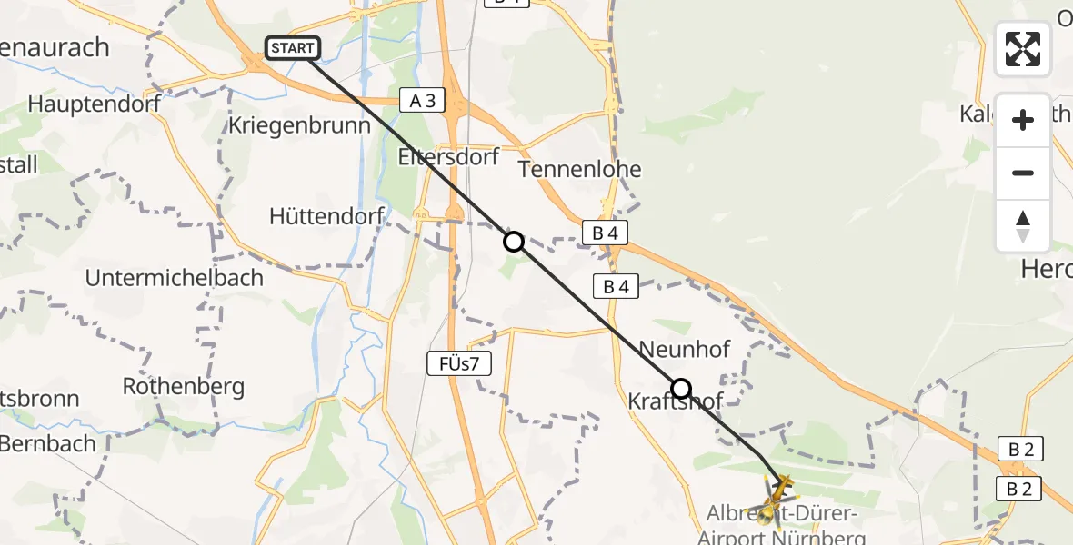 Flugroute Ambulanzhubschrauber Erlangen - Flughafen Nuremberg, 07 Juli 2026, 18:34