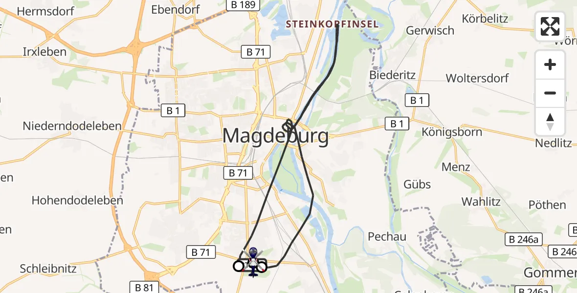 Flugroute Polizeihubschrauber Magdeburg City Flugplatz - Magdeburg, 07 Juli 2026, 18:38