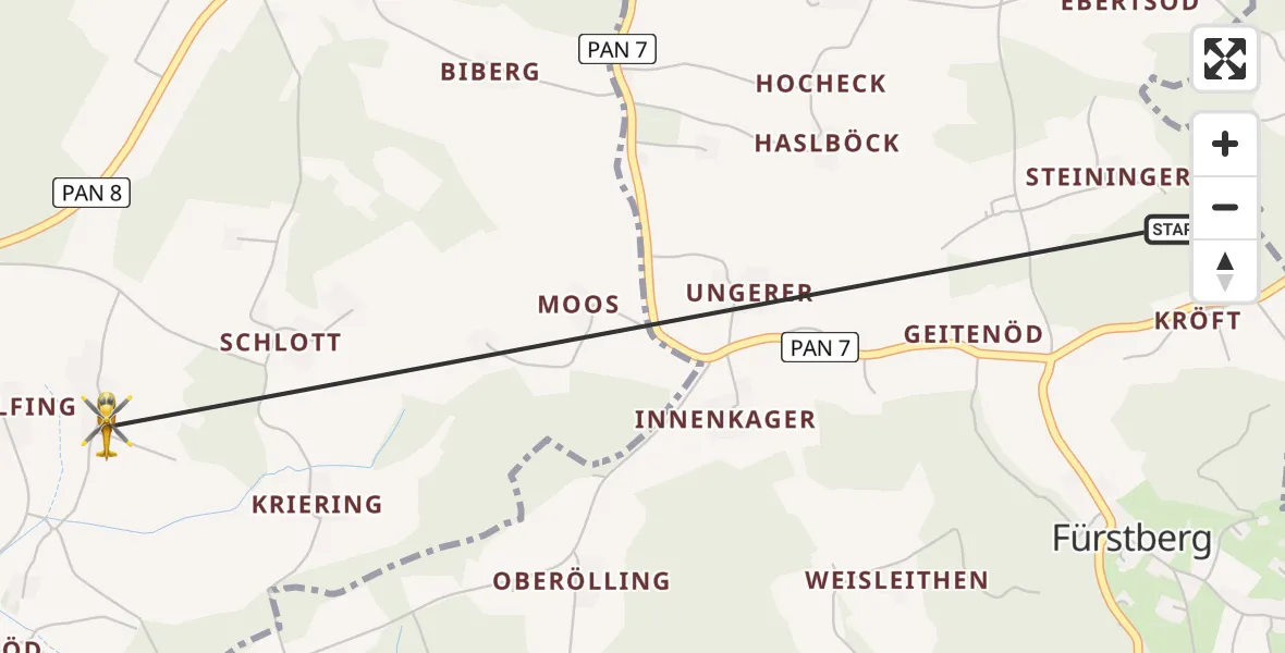 Flugroute Rettungshubschrauber Stubenberg - Wittibreut, 07 Juli 2026, 18:38