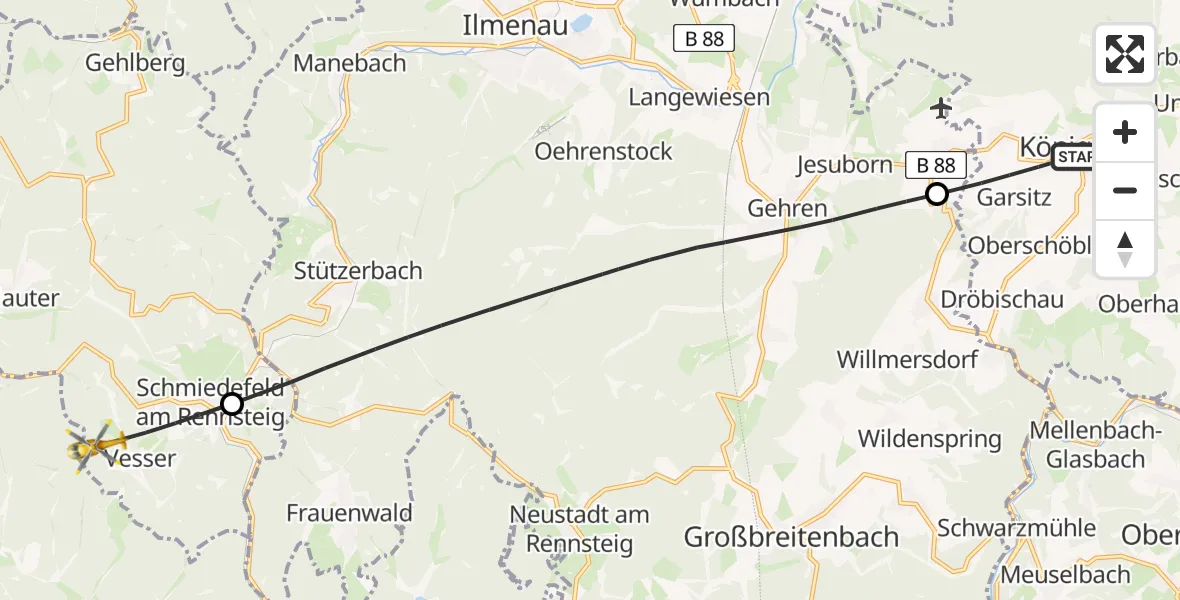 Flugroute Rettungshubschrauber Königsee - Suhl, 07 Juli 2026, 18:38