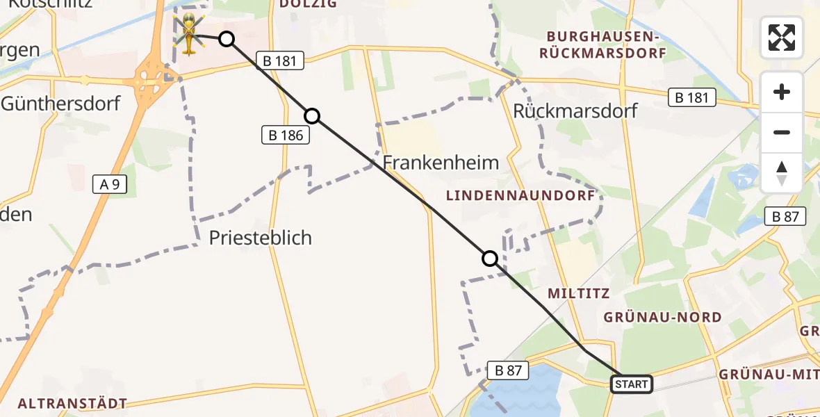 Flugroute Rettungshubschrauber Leipzig - ADAC Air Rescue Station Leipzig/Schkeuditz-Dölzig Hubschrauberlandeplatz (Christoph 61), 07 Juli 2026, 18:39