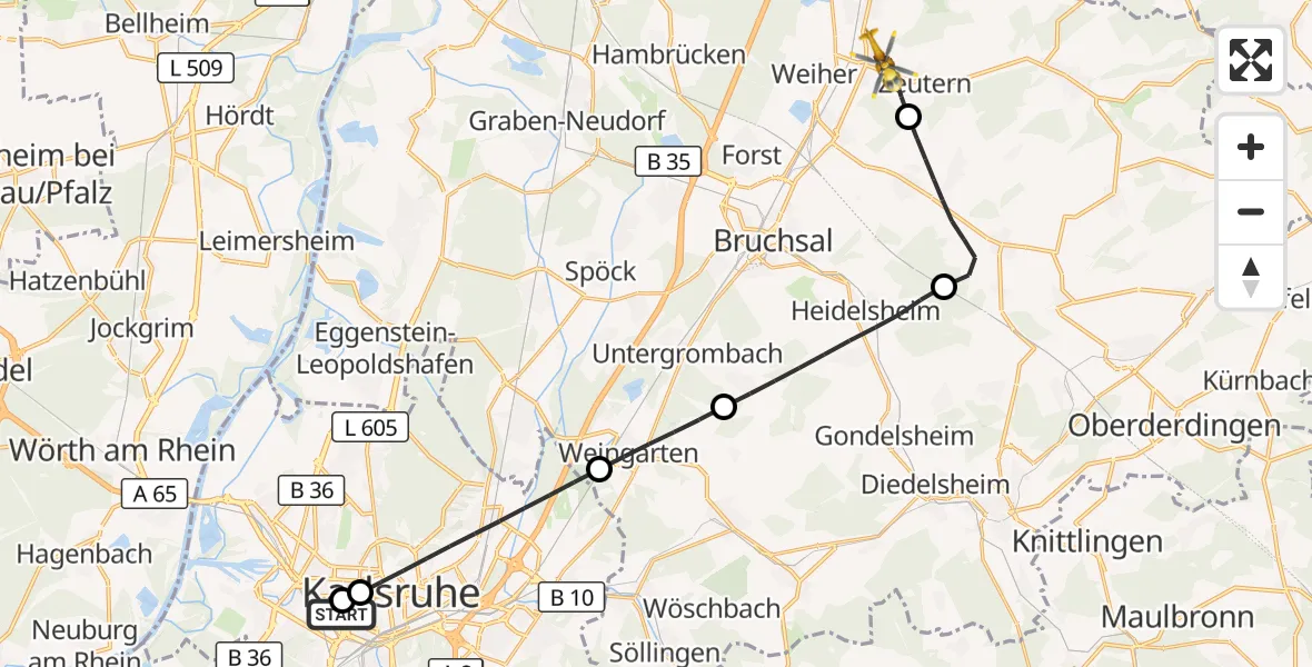 Flugroute Ambulanzhubschrauber Sankt Vincentius Hospital - Ubstadt-Weiher, 07 Juli 2026, 18:42