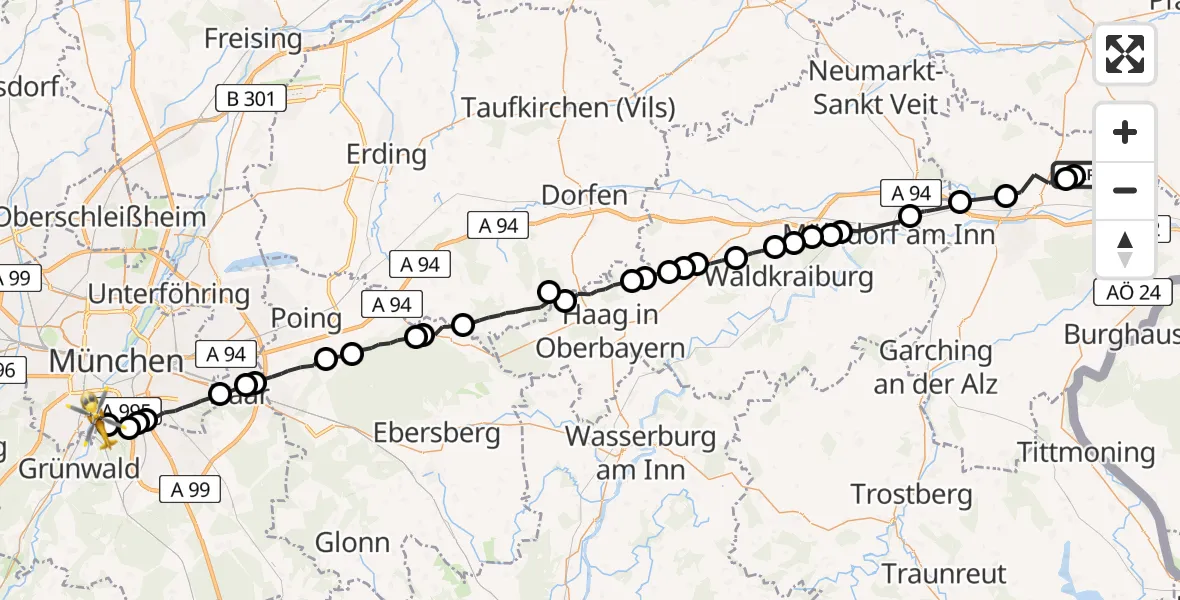 Flugroute Rettungshubschrauber Erlbach - München, 07 Juli 2026, 18:45