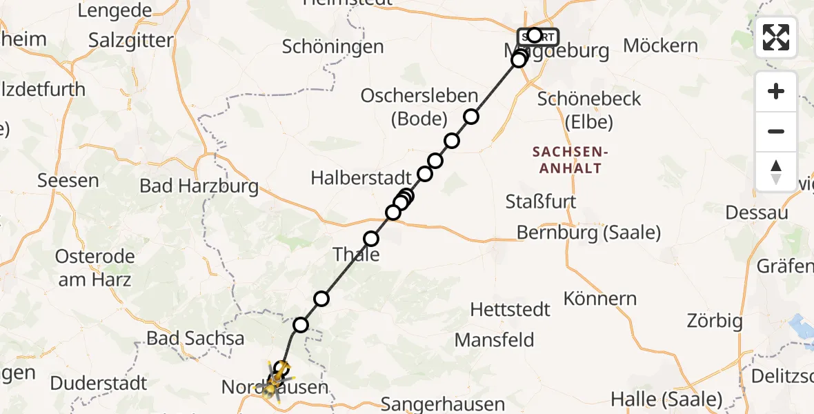Flugroute Rettungshubschrauber Magdeburg Hospital - Südharz Hospital Nordhausen, 07 Juli 2026, 18:45