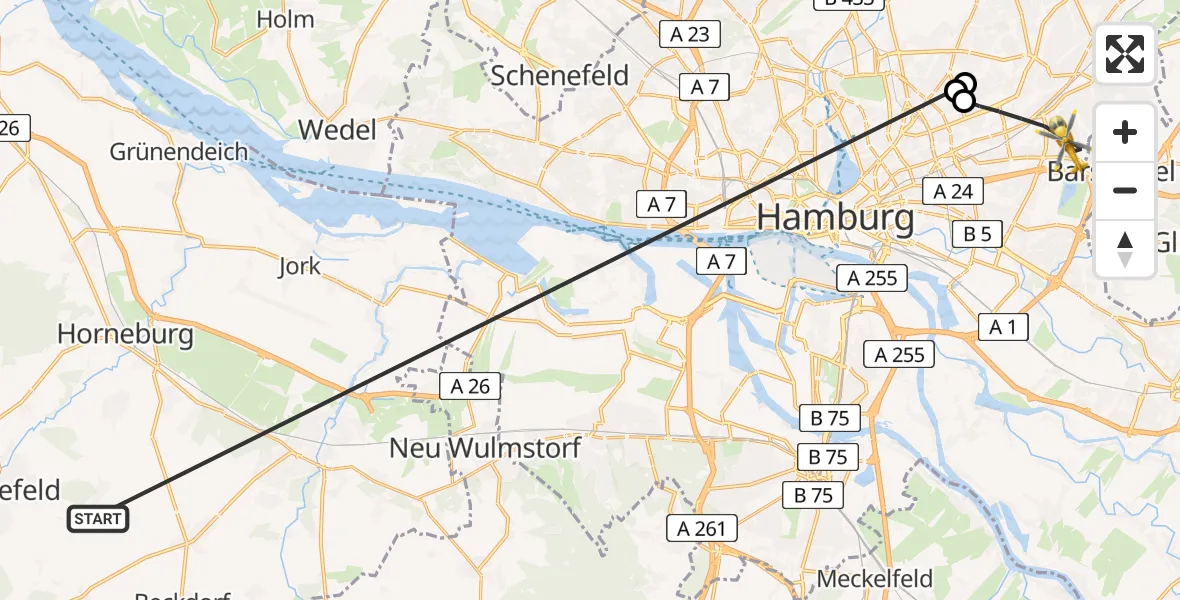 Flugroute Rettungshubschrauber Harsefeld - Hamburg, 07 Juli 2026, 18:46