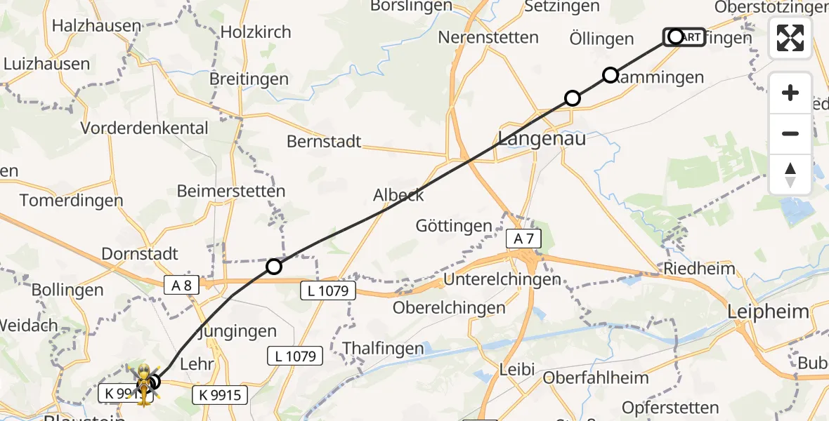 Flugroute Rettungshubschrauber Asselfingen - ADAC Air Rescue Station Ulm (Christoph 22), 07 Juli 2026, 18:47