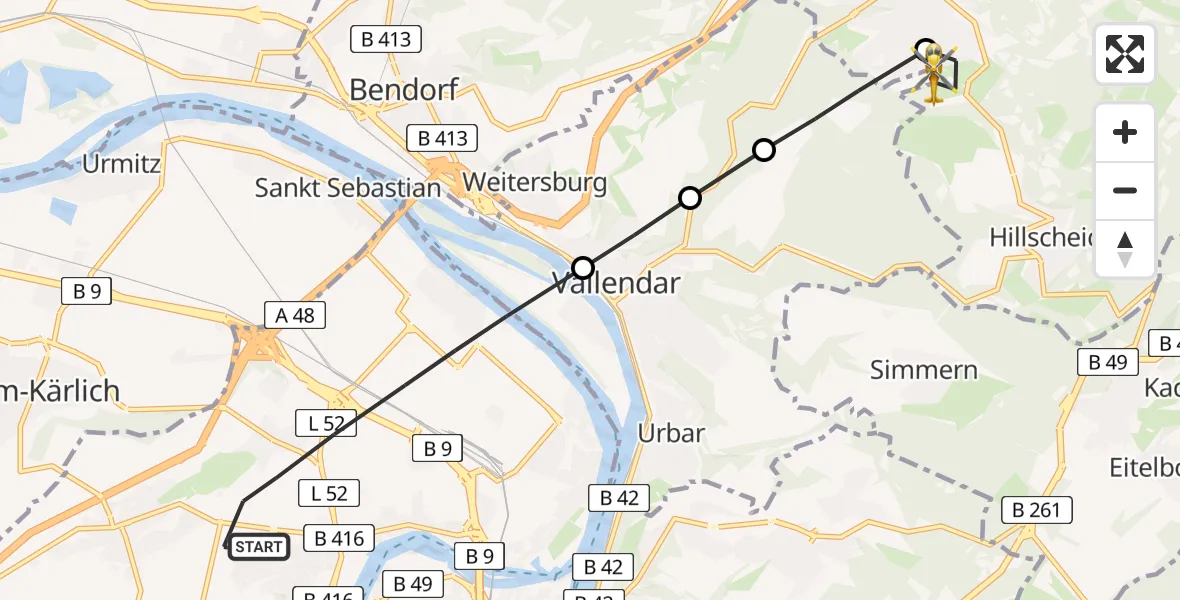 Flugroute Rettungshubschrauber Koblenz - Höhr-Grenzhausen, 07 Juli 2026, 18:48