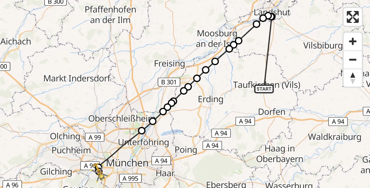 Flugroute Rettungshubschrauber Taufkirchen (Vils) - DRF Air Rescue München Hubschrauberlandeplatz, 07 Juli 2026, 19:00