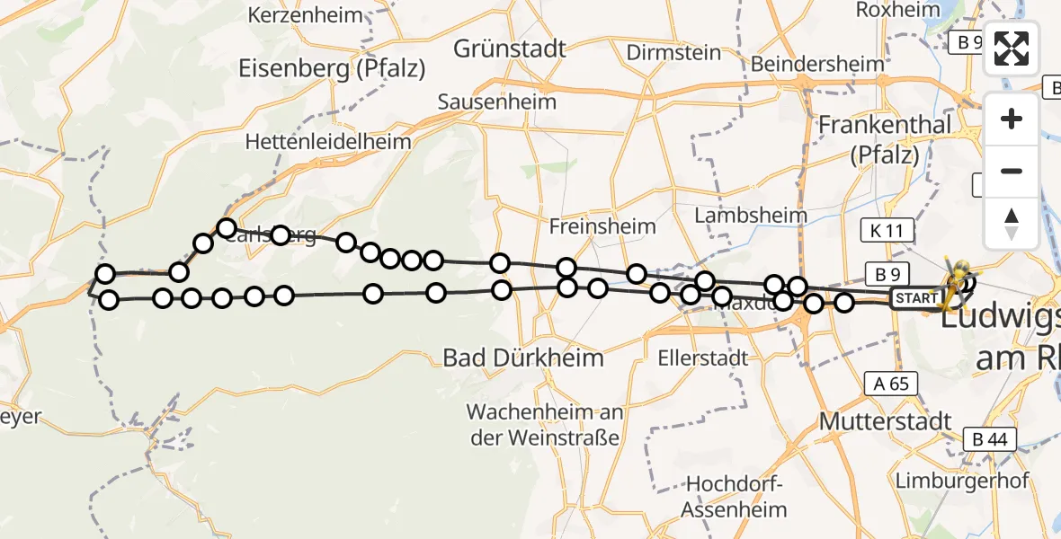 Flugroute Rettungshubschrauber Ludwigshafen am Rhein - Ludwigshafen Accident Hospital, 07 Juli 2026, 19:01