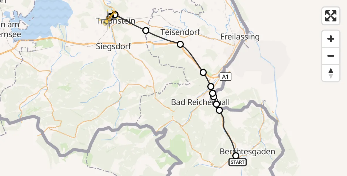 Flugroute Rettungshubschrauber Schönau a.Königssee - Traunstein Hospital, 07 Juli 2026, 19:03
