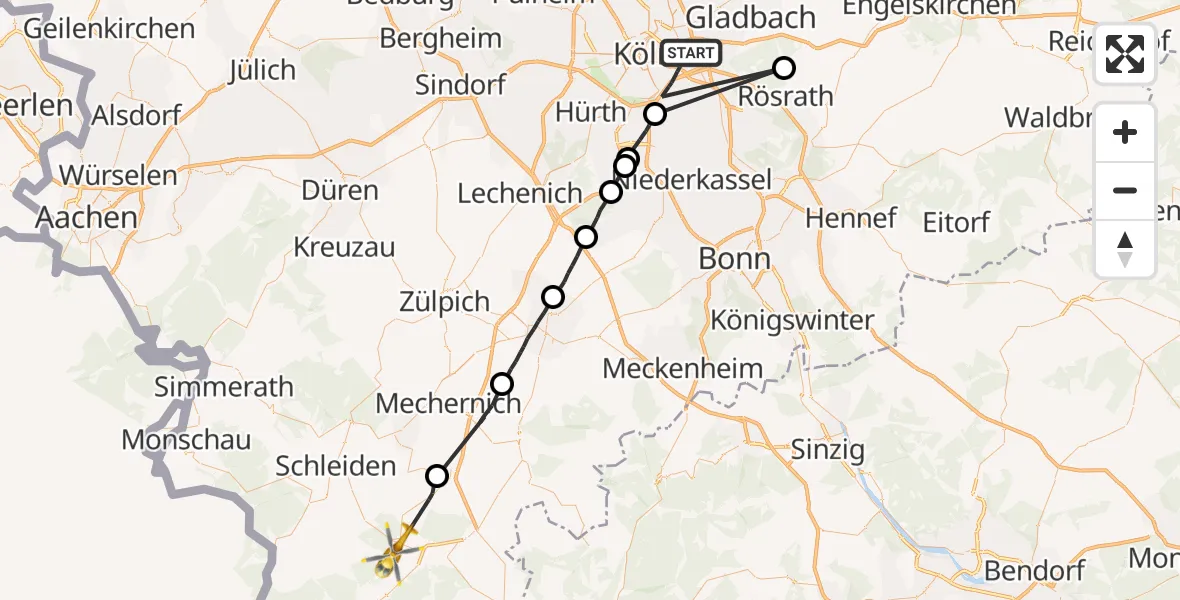 Flugroute Ambulanzhubschrauber Köln - Hellenthal, 07 Juli 2026, 19:06