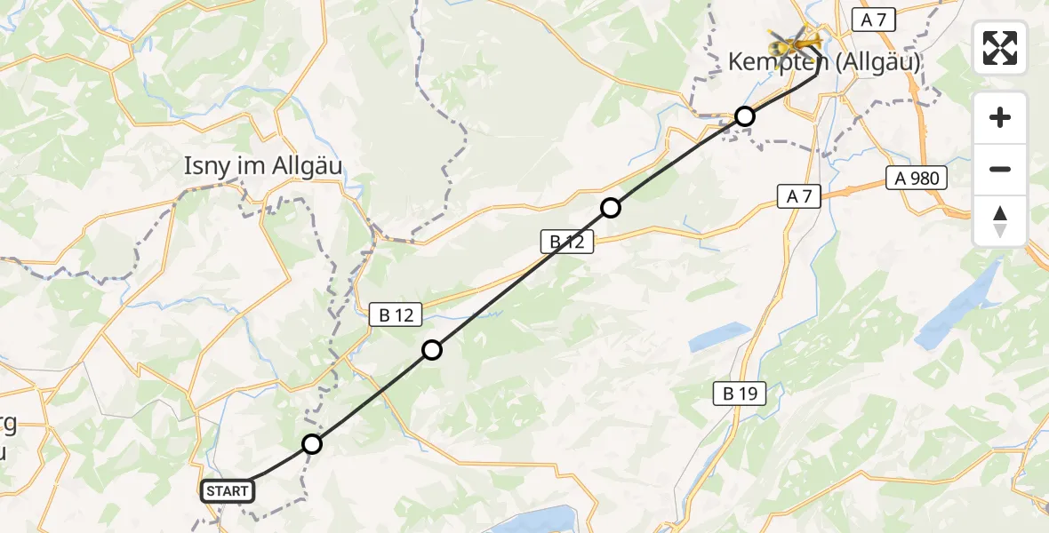 Flugroute Rettungshubschrauber Stiefenhofen - Kempten (Allgäu), 07 Juli 2026, 19:09