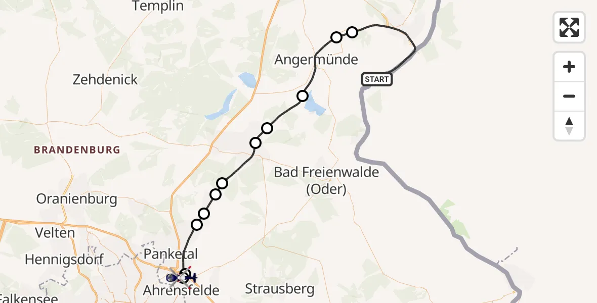 Flugroute Polizeihubschrauber Schwedt/Oder - Ahrensfelde Hubschrauberlandeplatz, 07 Juli 2026, 19:17