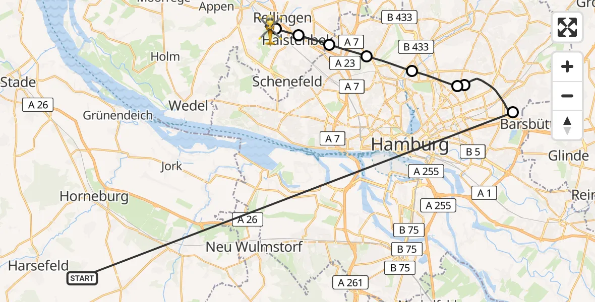 Flugroute Rettungshubschrauber Harsefeld - Pinneberg, 07 Juli 2026, 19:20