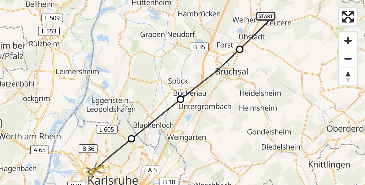 Flugroute Ambulanzhubschrauber Ubstadt-Weiher - Karlsruhe, 07 Juli 2026, 19:23