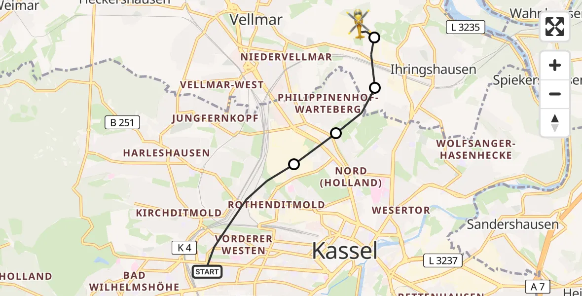 Flugroute Rettungshubschrauber Kassel - Fuldatal Bundespolizei Hubschrauberlandeplatz, 07 Juli 2026, 19:24