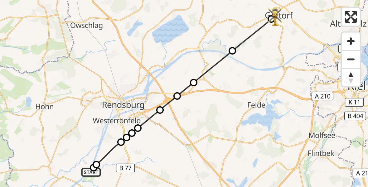 Flugroute Rettungshubschrauber Rendsburg-Schachtholm Flugplatz - Gettorf, 07 Juli 2026, 19:27