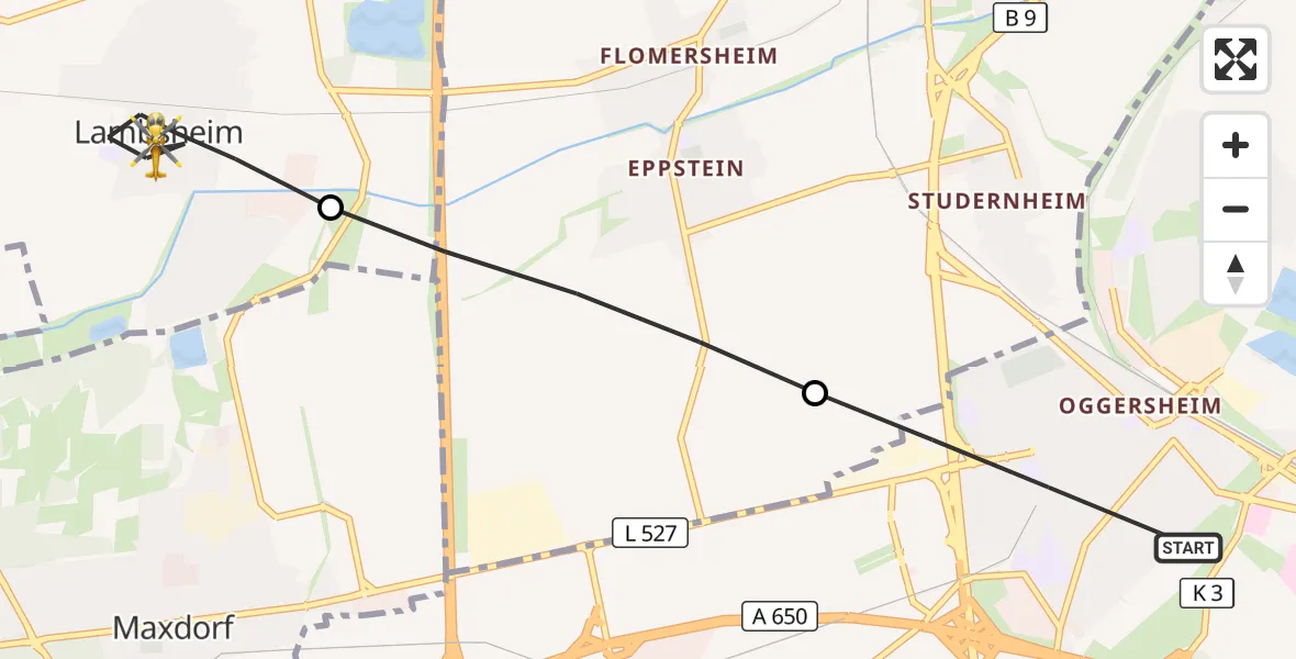 Flugroute Rettungshubschrauber Ludwigshafen am Rhein - Lambsheim, 07 Juli 2026, 19:31