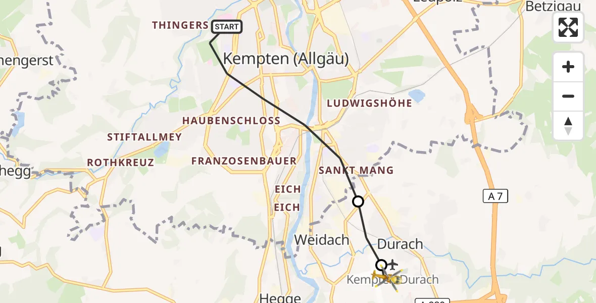 Flugroute Rettungshubschrauber Kempten (Allgäu) - Kempten-Durach Flugplatz, 07 Juli 2026, 19:34