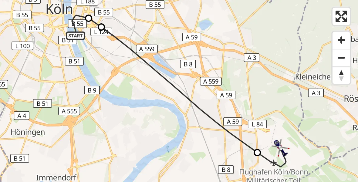 Flugroute Polizeihubschrauber Köln - Köln Bonn Flughafen, 07 Juli 2026, 19:35
