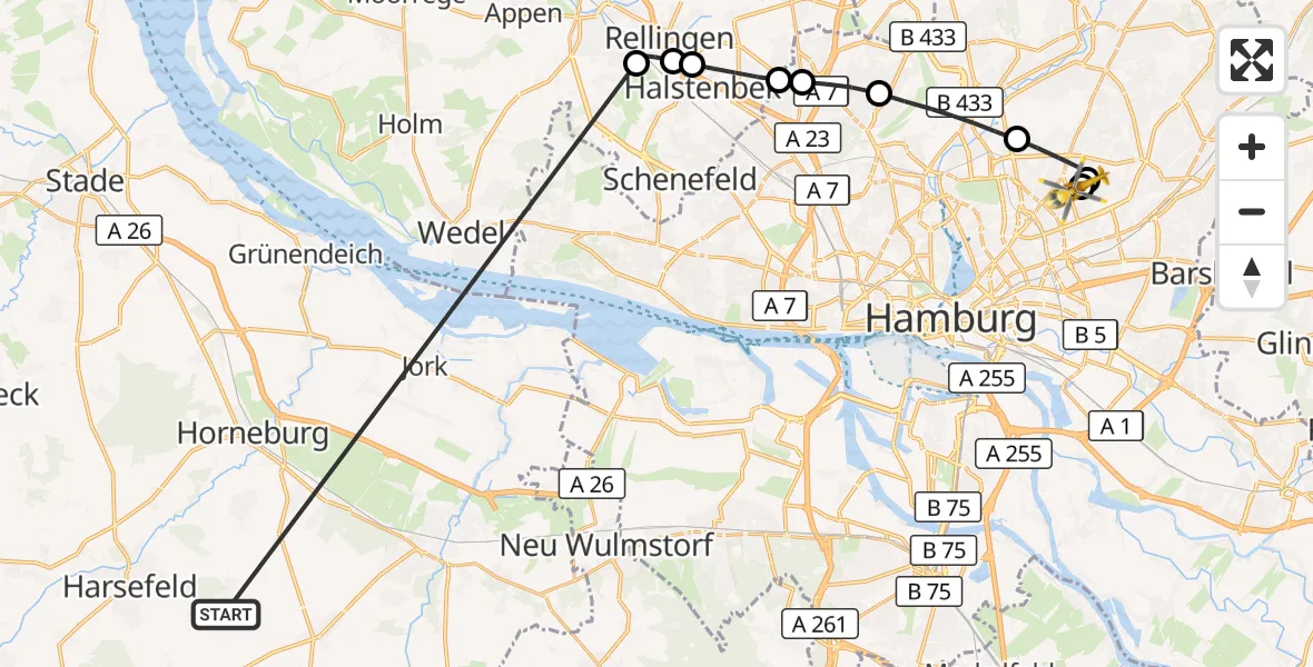 Flugroute Rettungshubschrauber Harsefeld - Hamburg Military Hospital, 07 Juli 2026, 19:46