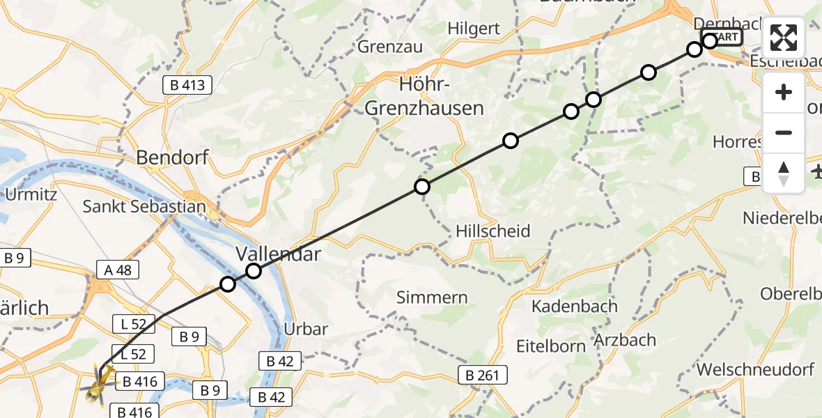 Flugroute Rettungshubschrauber Dernbach Sacred Heart Hospital - Koblenz, 07 Juli 2026, 19:47