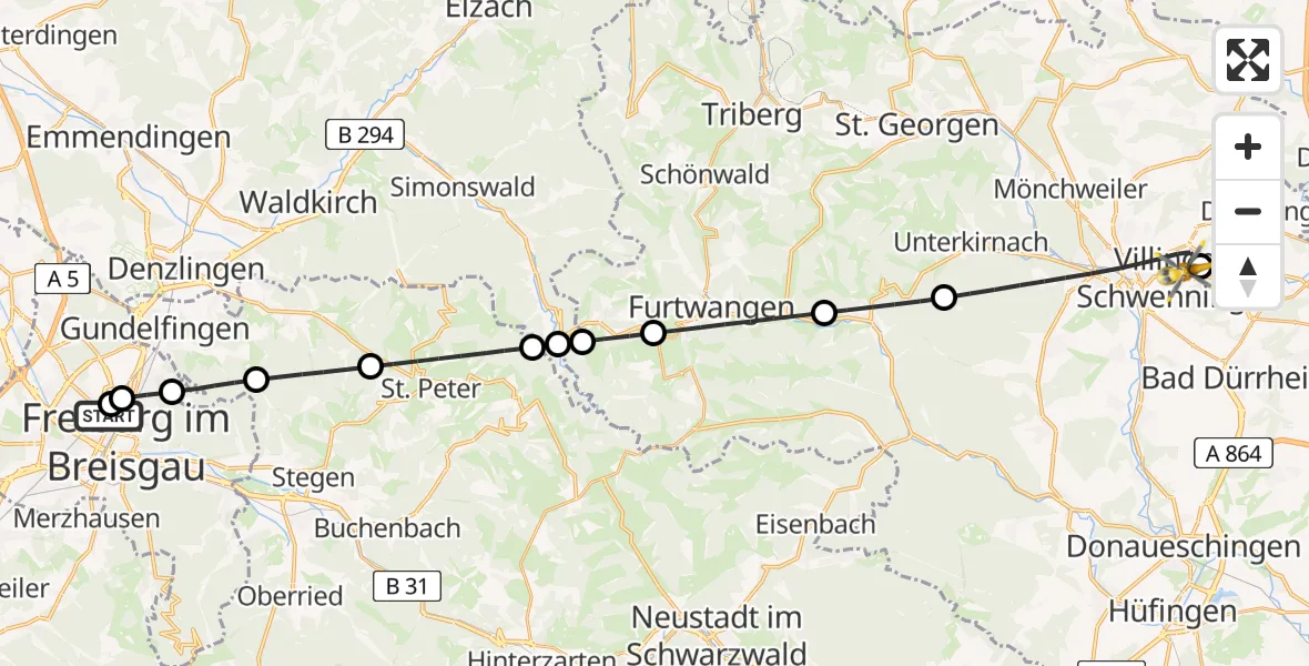 Flugroute Ambulanzhubschrauber Freiburg University Hospital Heliport 1 - DRF Air Rescue Station Villingen-Schwenningen Hubschrauberlandeplatz (Christoph 11), 07 Juli 2026, 19:51